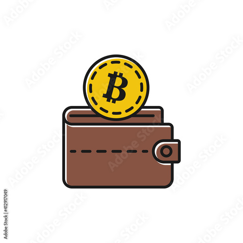 Bitcoin wallet black line minimal design. Modern earnings and savings. Electronic money is issued in a leather wallet. Vector illustration flat style. Isolated on white background.