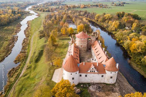 Bauska town aerial panorama with Bauska medieval castle