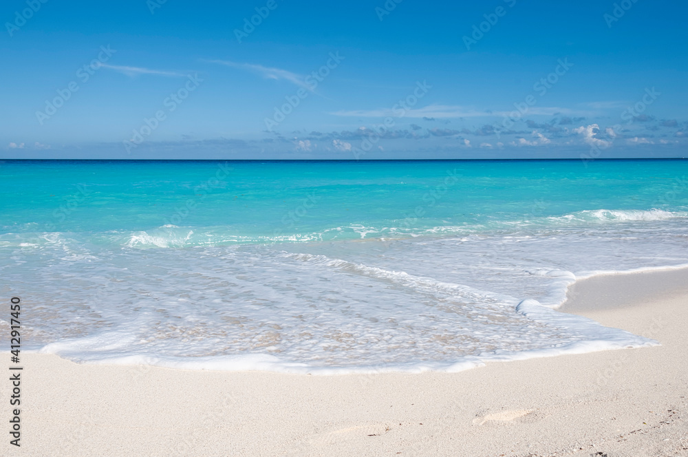 Panoramic view of a wild and deserted tropical beach with the transparent Caribbean sea and the blue sky in the background. Cancun, Mexico. The ideal place for a vacation.