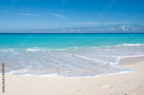 Panoramic view of a wild and deserted tropical beach with the transparent Caribbean sea and the blue sky in the background. Cancun, Mexico. The ideal place for a vacation.