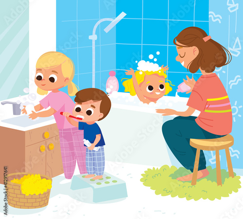 Children in bathroom doing everyday hygiene activities for kids,little boy cleaning the teeth, little girl washing hands with soap. Mother bathing baby. Mum washing baby.