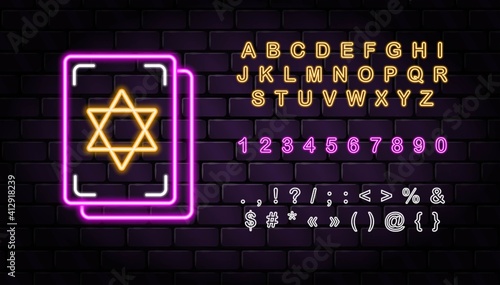 Vector neon tarot cards icon and neon letters for fortune telling & tarot reading mobile apps, blogs, highlights. Occult esoteric magic mystic wichcraft spiritual signs symbols. Neon alphabet