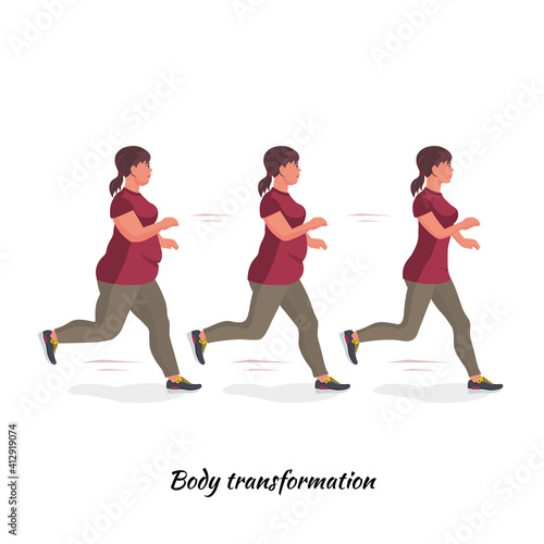 A thick female body transforms into a slender one. Goes in for sports and fitness for weight loss. Run. Healthy lifestyle. Vector illustration.