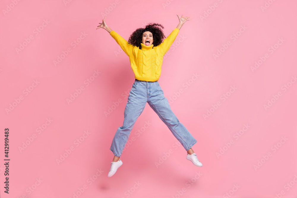 Full size photo of young crazy latin girl happy positive smile have fun jump up isolated over pastel color background