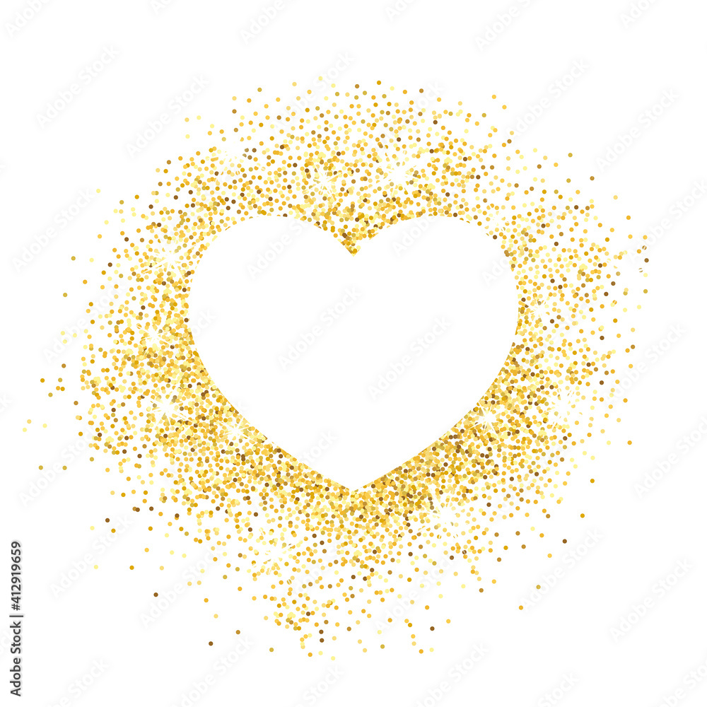 Gold dust with sparkles. White sheet of paper in the form of a heart, place for text. Valentine's day background. Happy Valentine's Day card. Vector illustration. Glossy template for holiday.