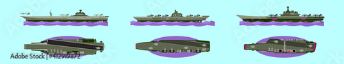 set of warships cartoon icon design template with various models. vector illustration isolated on blue background