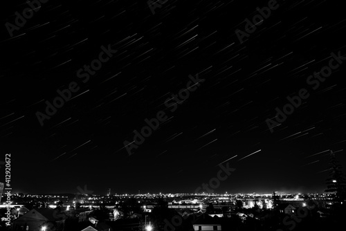 Star trails, movement of stars over a provincial Russian town