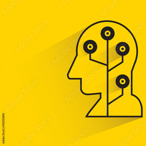 human head and circuit, linking network with drop shadow yellow background