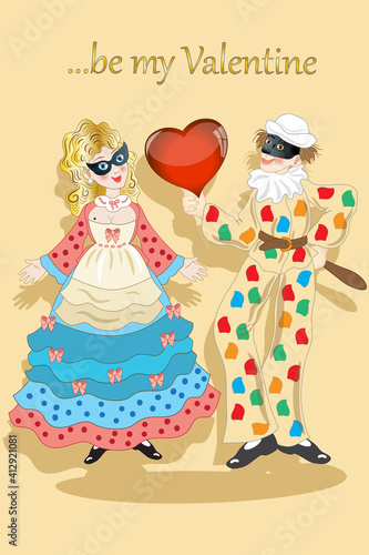 Two characters in love wear carnival masks and celebrate valentine's day