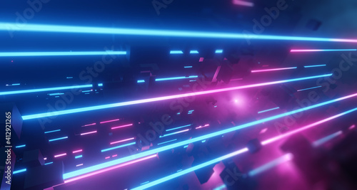 Neon High Tech Digital City and Data abstract. Glowing data and circuitry design or information super highway. 3D render