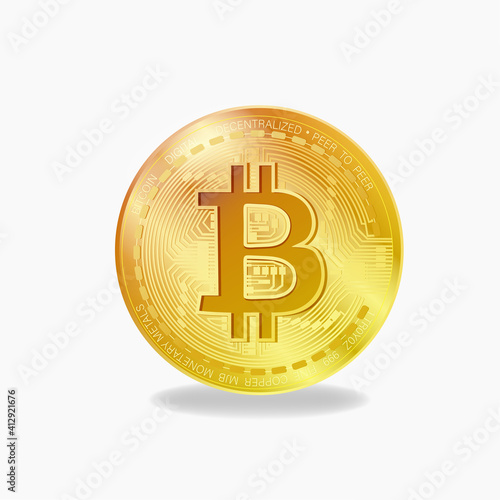 Bitcoin White Background. Gold Coin. Modern Cryptocurrency. Electronic Commercial Currency. Realistic Style. Minimalism. Monetary Unit