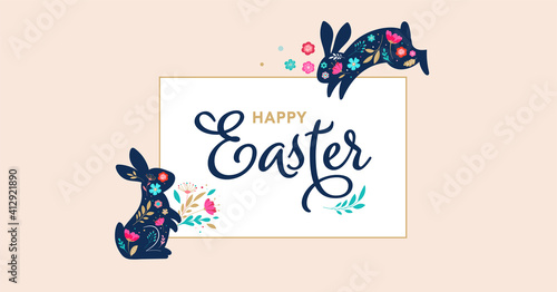 Happy Easter, decorated easter card, banner. Bunnies, Easter eggs, flowers and basket. Folk style patterned design. 