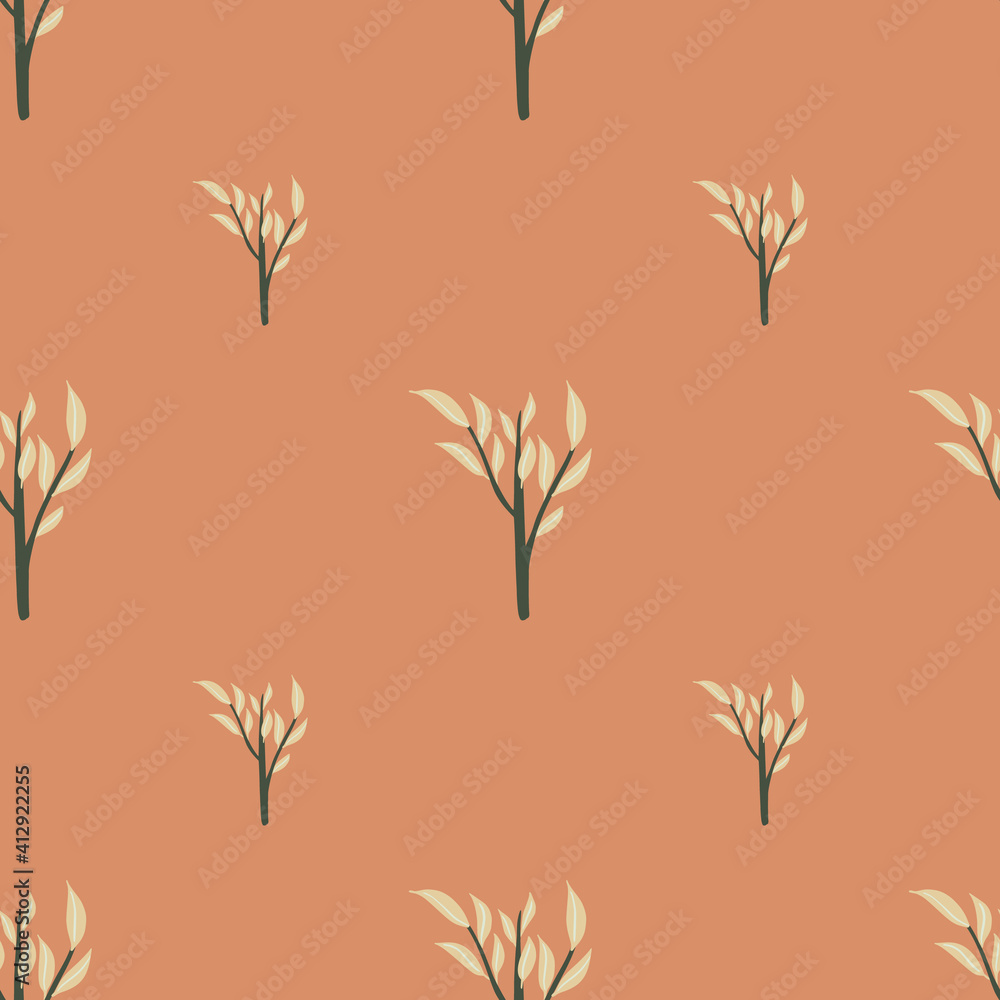 Floral seamless pattern with botanic doodle leaves branches ornament. Pink pastel background. Bloom print.