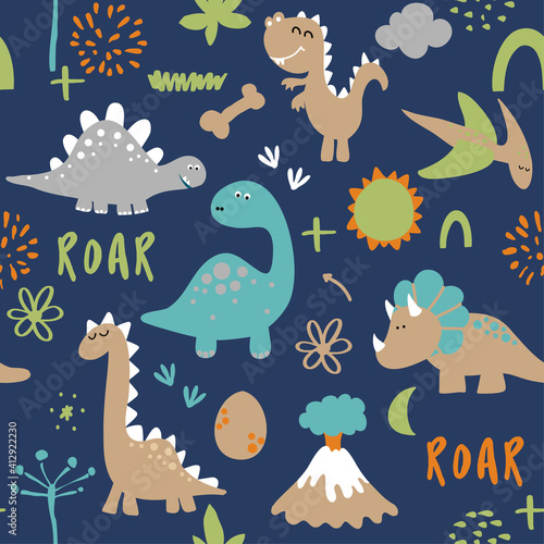 Dino friends. Funny cartoon dinosaurs, bones, and eggs. Cute t rex, characters. Hand drawn vector doodle set for kids. Good for textiles, nursery, wallpapers, wrapping paper, clothes. Roar words