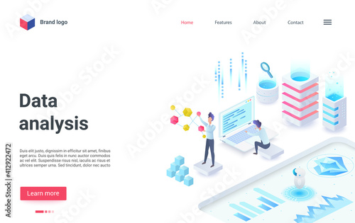 Data analysis, business investment isometric vector illustration. Cartoon 3d analyst people working in analytical service, studying data information on investing money in business project landing page