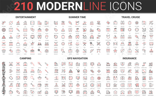 210 modern red black thin line icons set of entertainment, summer time, travel cruise, camping, gps navigation, insurance collection vector illustration.