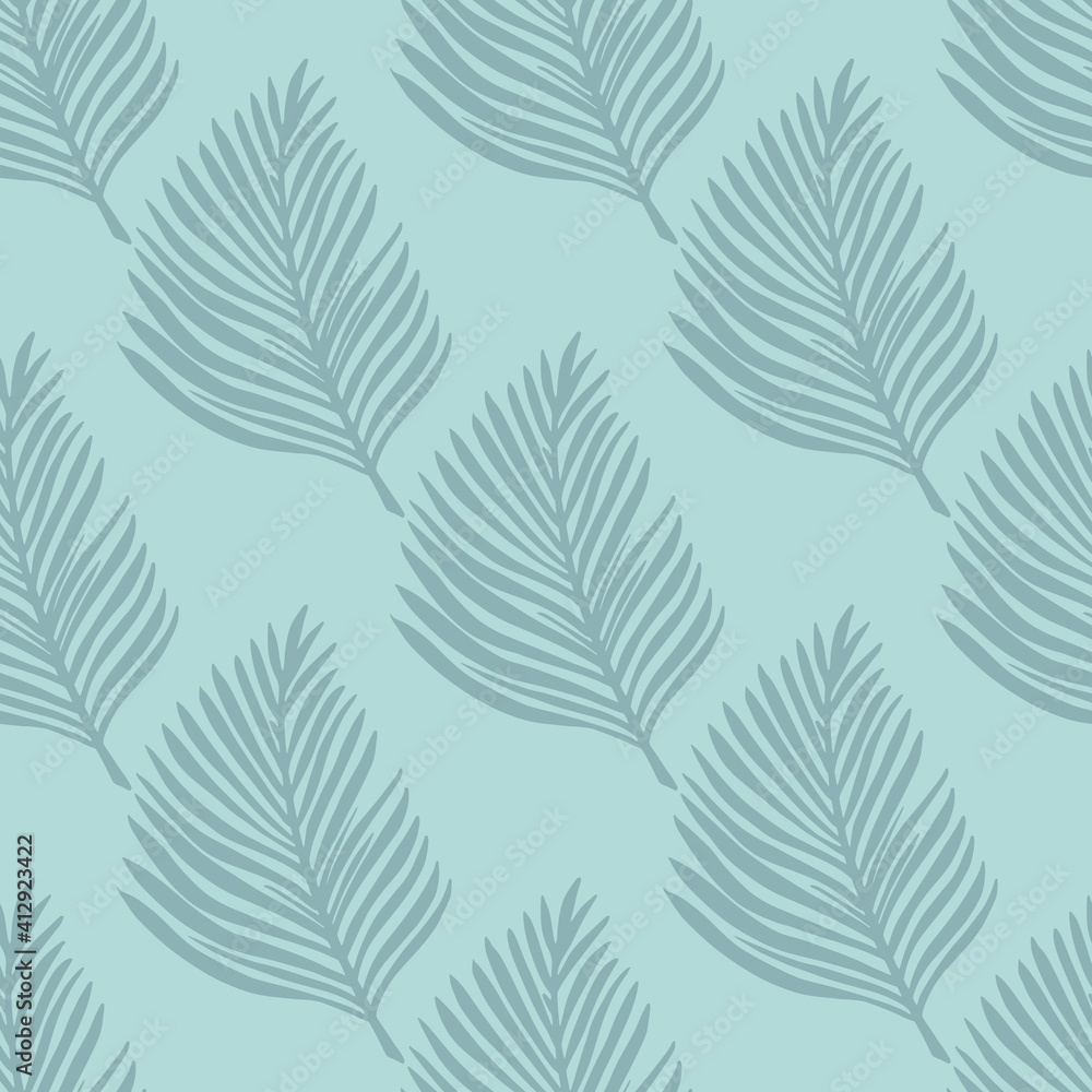 Pastel pale seamless pattern with exotic foliage fern leaf print. Blue background. Simple design.