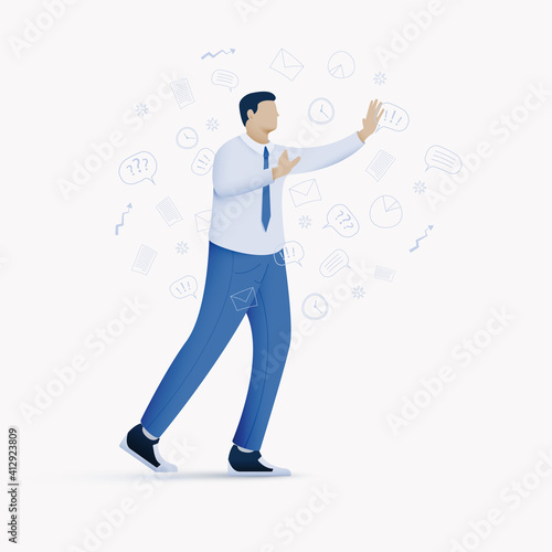 The concept of information overload and stress, non-compliance with digital hygiene. A person groping, putting his hands forward, makes his way through the wave of information flow.