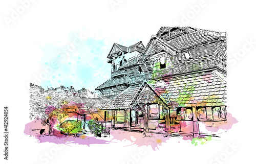 Building view with landmark of South India is the
region in India. Watercolour splash with hand drawn sketch illustration in vector.