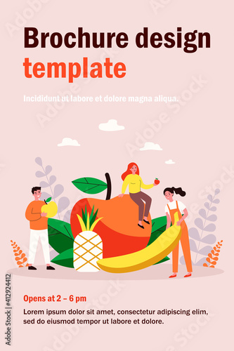 Happy people keeping healthy diet. Men and women holding fruits, apple, pineapple, banana. Vector illustration for fitness, dietitian nutrition, organic food concept