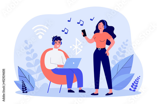 People listening to music online on digital devices. Music app users with laptop and smartphone. Flat vector illustration. Multimedia application concept for banner, website design or landing web page