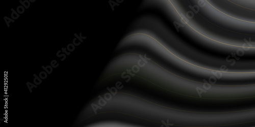 Smooth elegant black satin texture abstract background. Luxurious background design with golden lines. Black curtain background