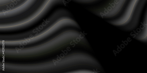Smooth elegant black satin texture abstract background. Luxurious background design with golden lines. Black curtain background