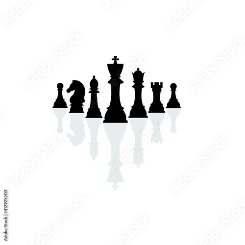 Silhouettes of chess pieces with reflection. Chess icons. Vector chess isolated on white background. Playing chess on the Board. King, Queen, rook, knight, Bishop, pawn.