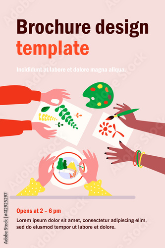 Diverse kids creating craftworks. Hands of children painting, scrapbooking, embroidering. Vector illustration for creative craft art, handmade work, workshop concept