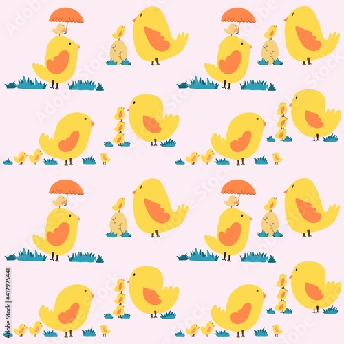 Baby bird and mother bird seamless pattern.