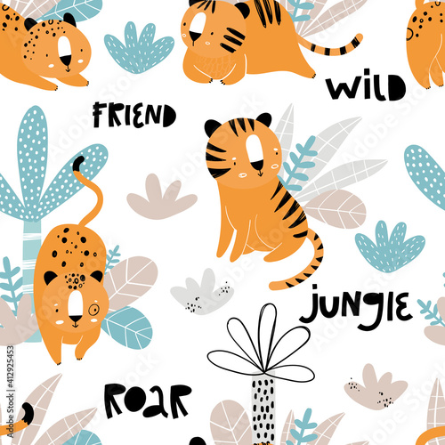 Photography Vector hand-drawn seamless repeating color childish pattern with wild cats, plants and palms in Scandinavian style on a white background