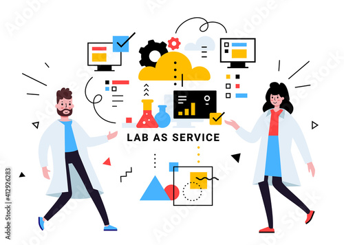 Vector business illustration of scientist people in white coat with lab service