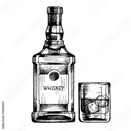 Hand drawn bottle of scotch whiskey with a glass. Vector beverage illustration, ink sketch