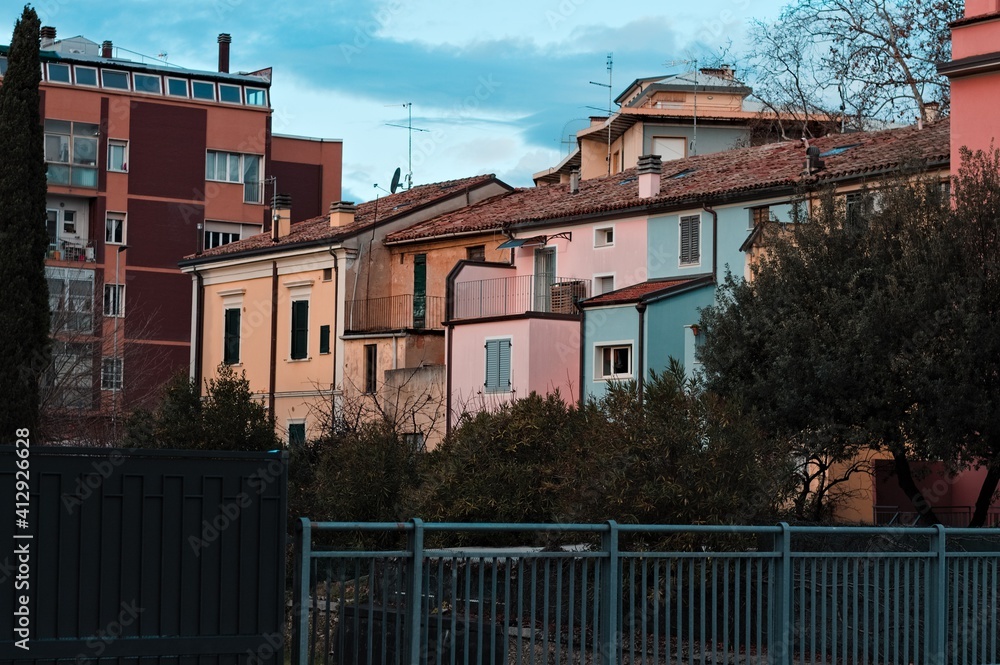 Colorful houses in a medieval Italian village (Pesaro, Italy, Europe)