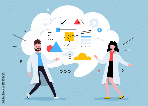 Vector business illustration of scientist people in white coat with lab service, team work in laboratory communication with brain cloud