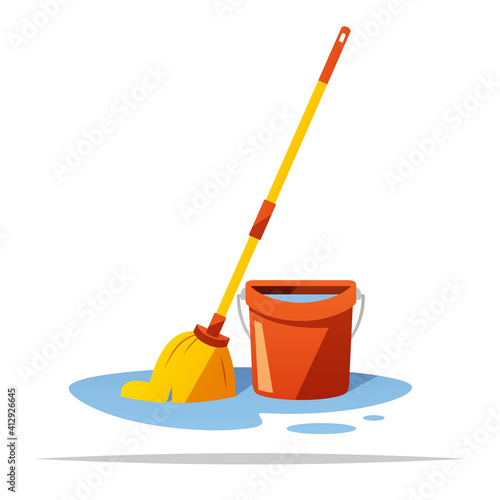 Mop and bucket cleaning vector isolated illustration