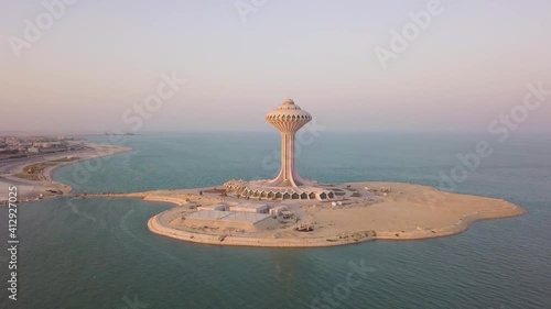 Aerial view of Khobar water tower during sunset, Saudi Arabia.