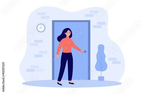 Person holding handle and opening apartment door. Woman entering into house or office. Flat vector illustration for entrance, home, exit, challenge, opportunity concept