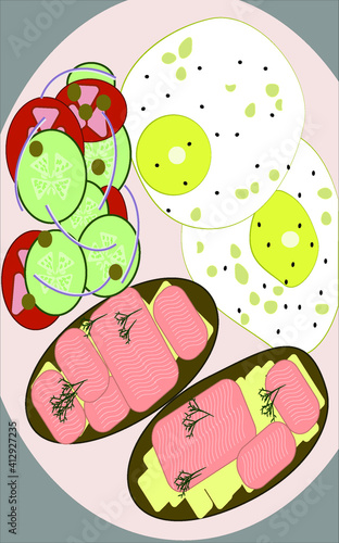 Delicious breakfast. Omelet with salad and sandwiches