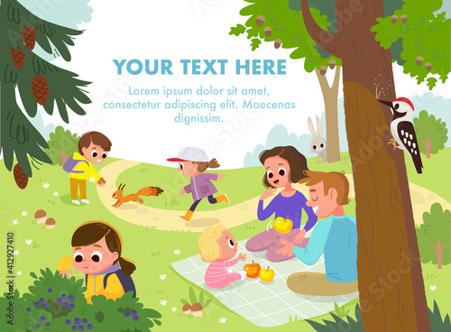 Vector. Outdoors leisure activities, active recreation family with children. Having picnic on sitting blanket,quality time together, walking, spending time, having fun, together in park on green lawn.