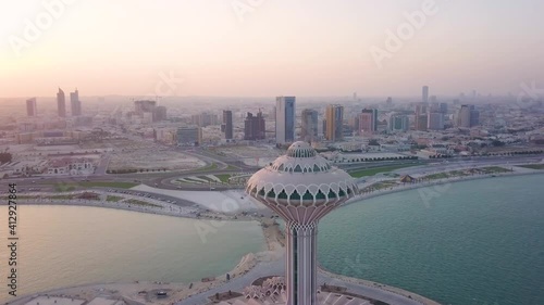 Aerial view of Khobar water tower during sunset, Saudi Arabia. photo
