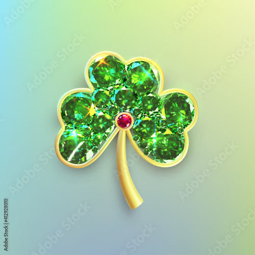 Golden clover leaf for St. Patrick's day. Brooch in the form of an emerald clover. Four-leaf jewelry realistic design. Original accessory. Vector illustration. Isolated on white background.