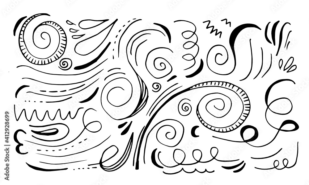 Fototapeta premium Hand drawn vector sketchy Doodle cartoon set of curls and swirls decorative elements for concept design
