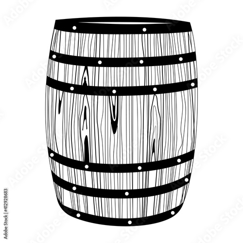 Vector illustration of a barrel. Black and white image of a wooden barrel in the style of doodle. Isolated picture drawn with lines