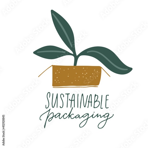 Sustainable packaging sign. Handwritten label design for eco friendly package. Little plant growing in paper box.