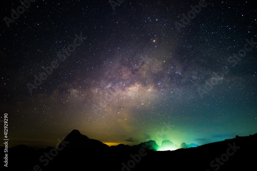 Amazing night sky. Scene of Night Starry Sky With Glowing Stars. Bright Glow Of Planets Saturn and Jupiter In Sky Among The Milky Way Galaxy Stars. Dark Sky and star.  © BUDDEE