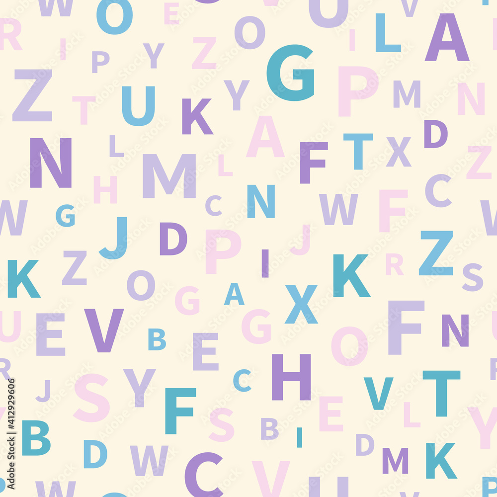 Seamless pattern with alphabet letters. Endless background for English language Day. Chaotically located symbols. Vector illustration Seamless pattern with alphabet letters. Endless background for English language Day. Chaotically located symbols. Vector illustration
