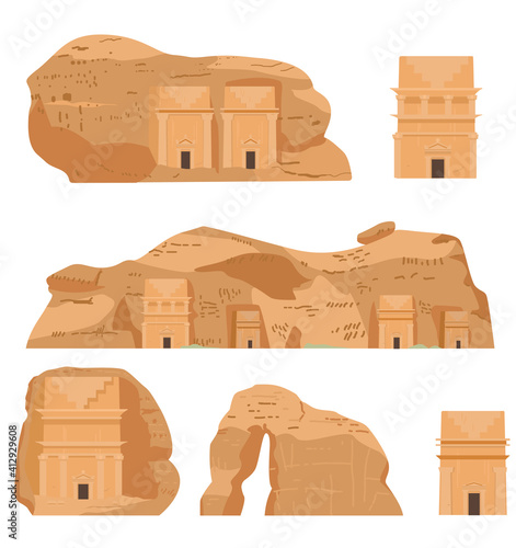 Hegra Saudi Arabia Ancient Village Vector Illustrations Set. AlULa, Mada'in Saleh, Elephant Rock, Qasr al-Farid, Tombs.   photo