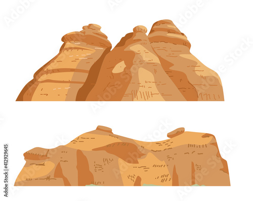 Sand Rocks Formations Vector Illustration Set. Isolated On White.