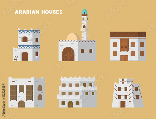 Authentic Ancient Arabian Houses Flat Vector Illustrations Set. Isolated On Beige Background.